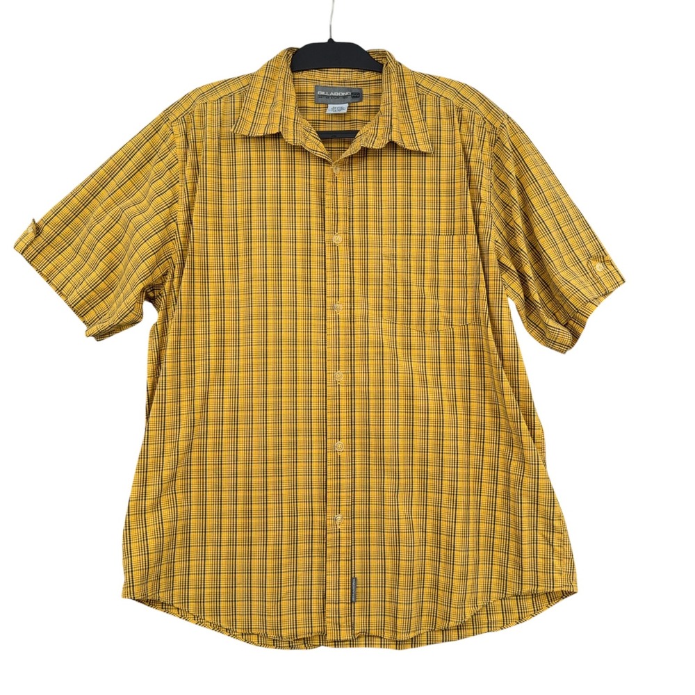 Billabong Plaid Button Front Mens M 100% Cotton Yellow‎